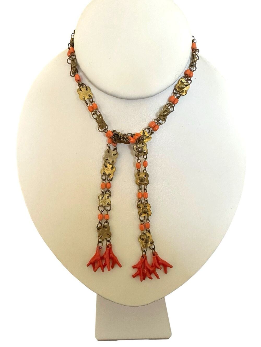 Boho Egyptian Revival FAIENCE CORAL Branch &‎ Brass Filigree Lariat Necklace VTG